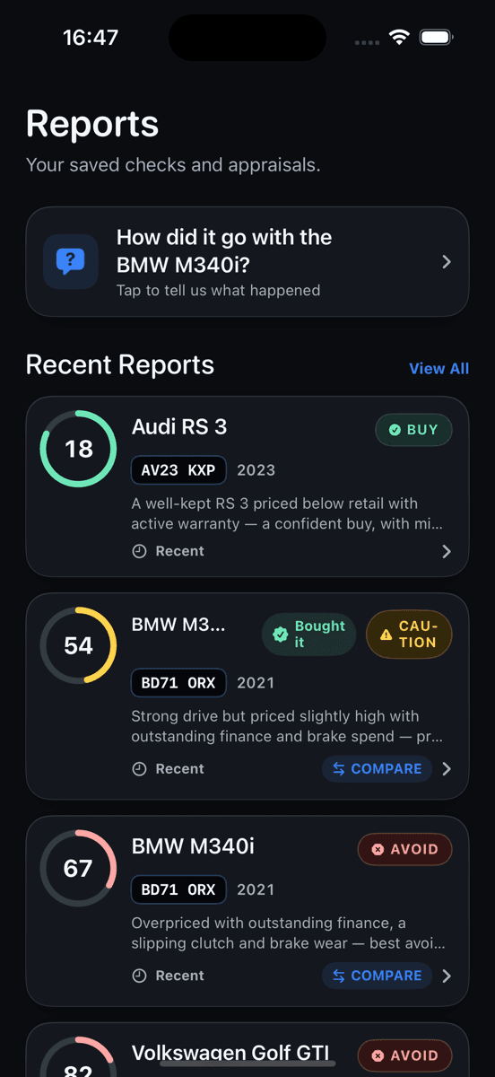 Carleeta Reports hub listing recent buyer reports with risk scores and buy, caution and avoid verdicts