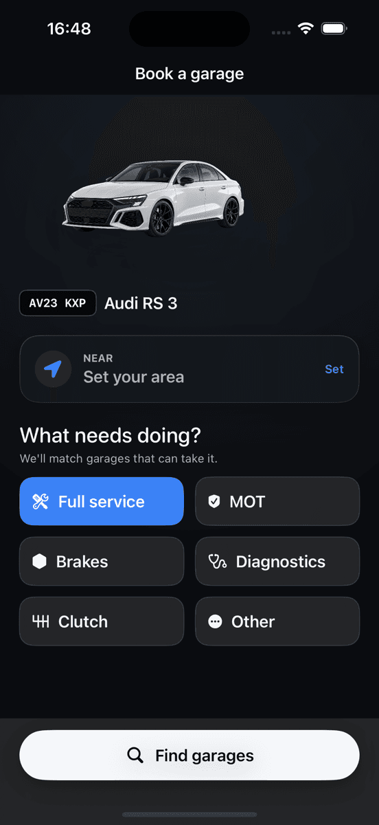 Carleeta My Garage screen showing saved vehicles each with a risk score