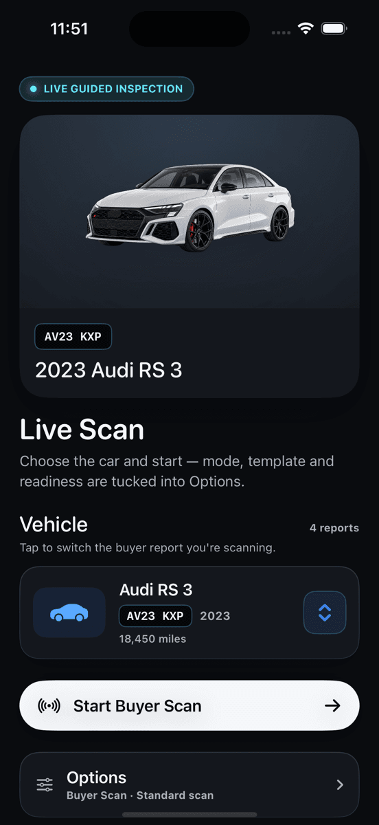 Carleeta Live Scan start screen where you pick a guided walkaround mode