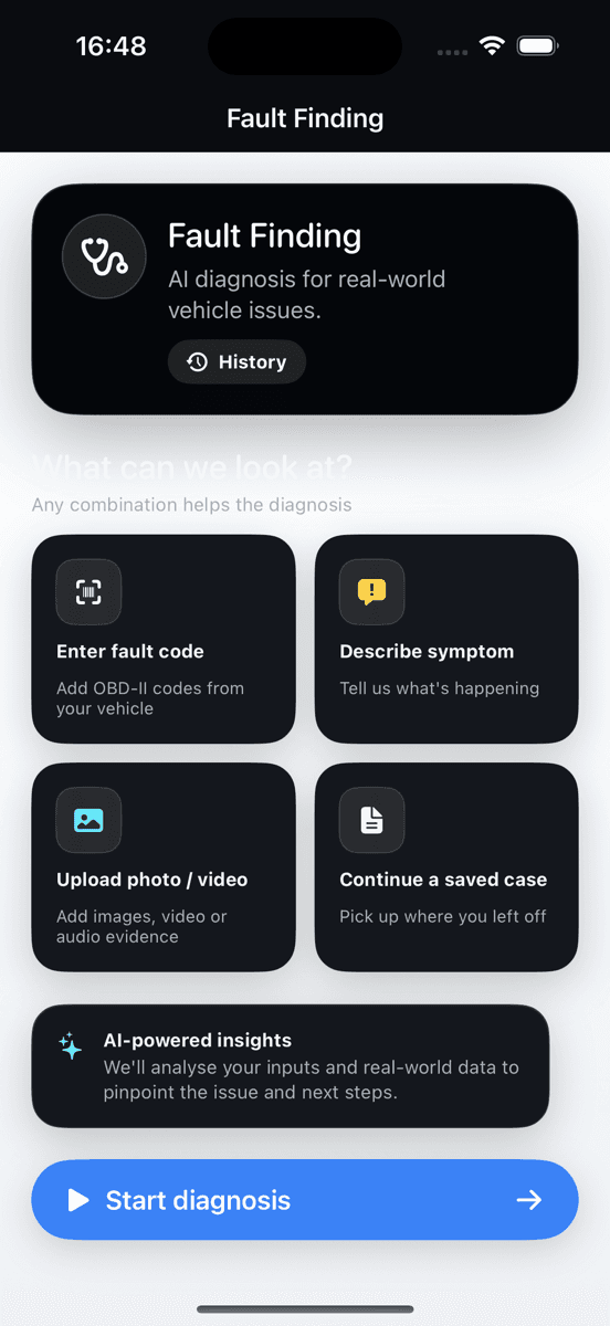 Carleeta Fault Finding screen offering fault code, symptom and photo or video evidence inputs for AI diagnosis