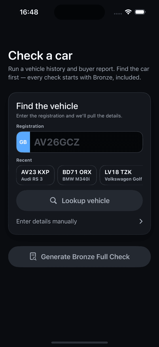 Carleeta new HPI check screen where a number plate returns Bronze, Silver and Gold report tiers