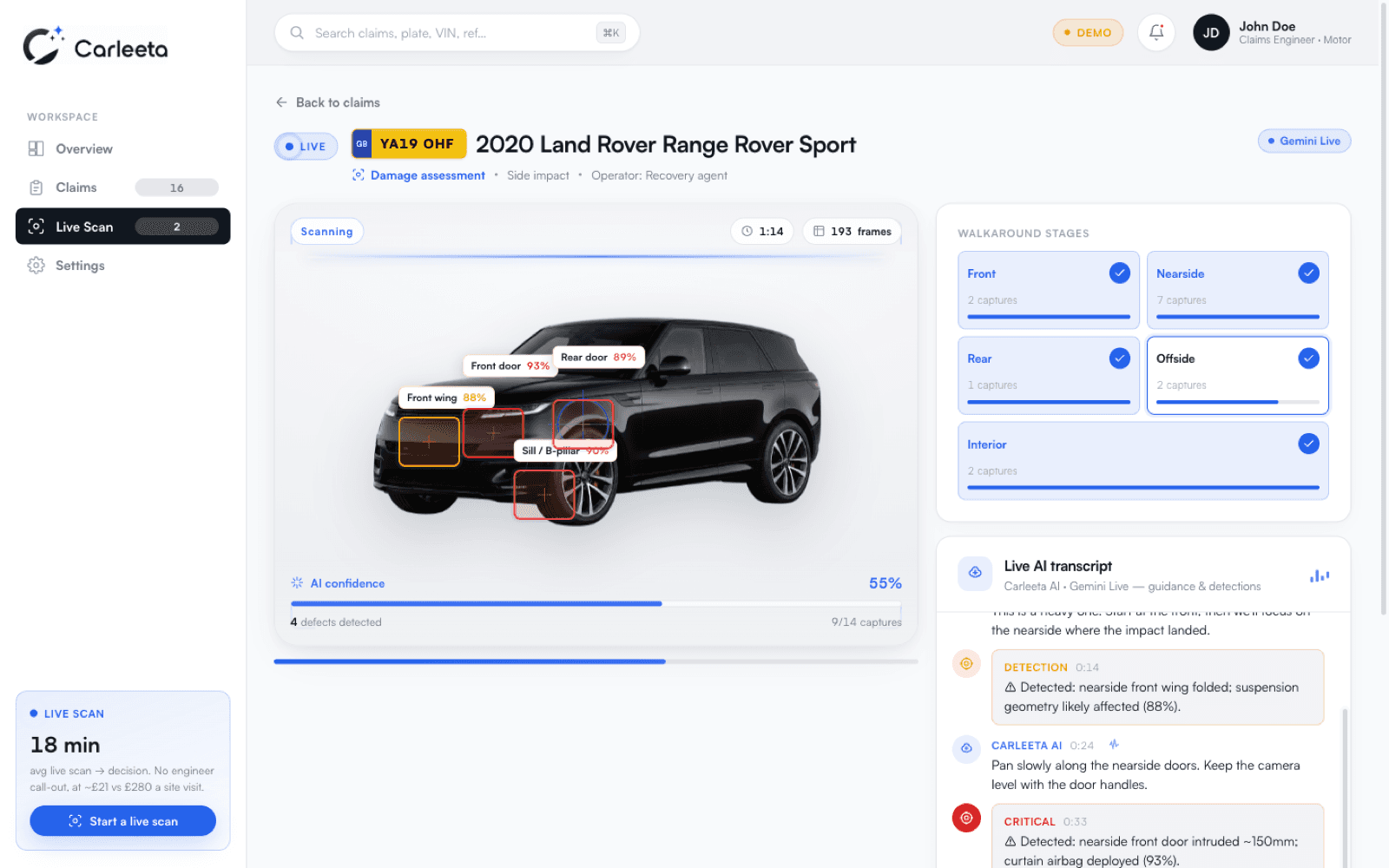The Claims Intelligence live scan mid-replay: detection boxes on a Range Rover Sport with per-defect confidence scores, walkaround stages and a streaming Gemini Live transcript